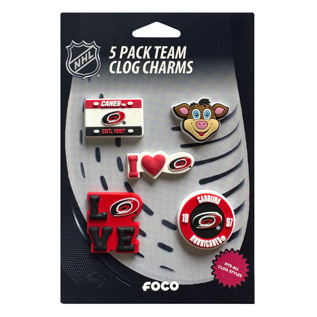 5 pack of a variety of clog charms, including Stormy and "I Heart Hurricanes"