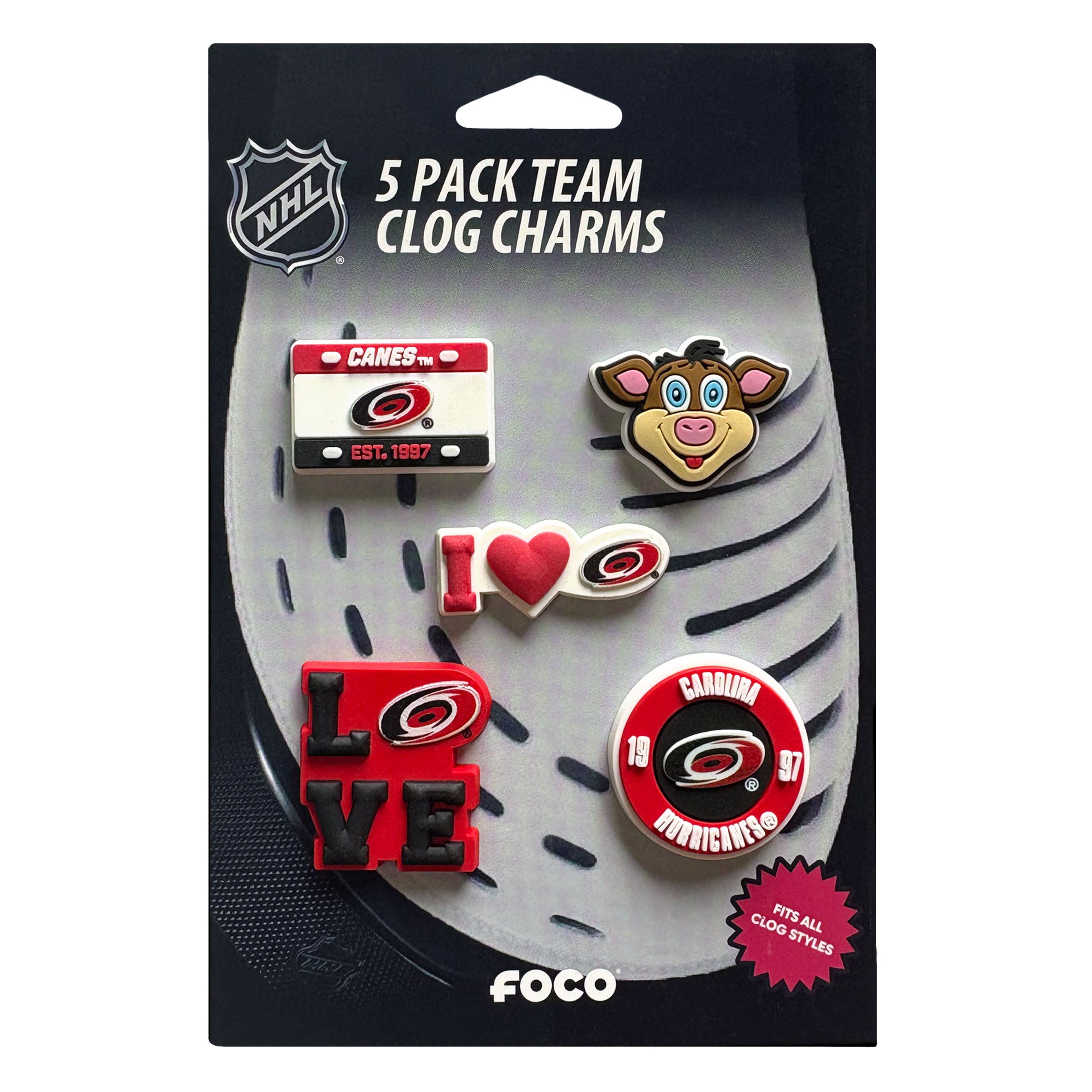 5 pack of a variety of clog charms, including Stormy and "I Heart Hurricanes"