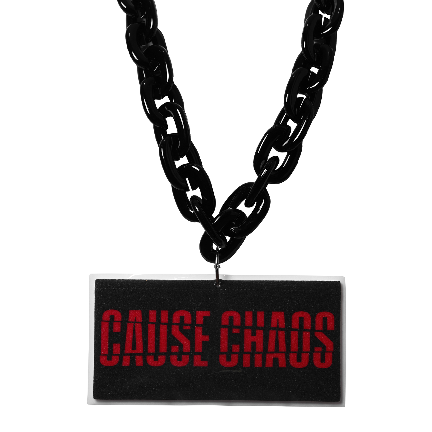 black chain with rectangular pendant that says Cause Chaos