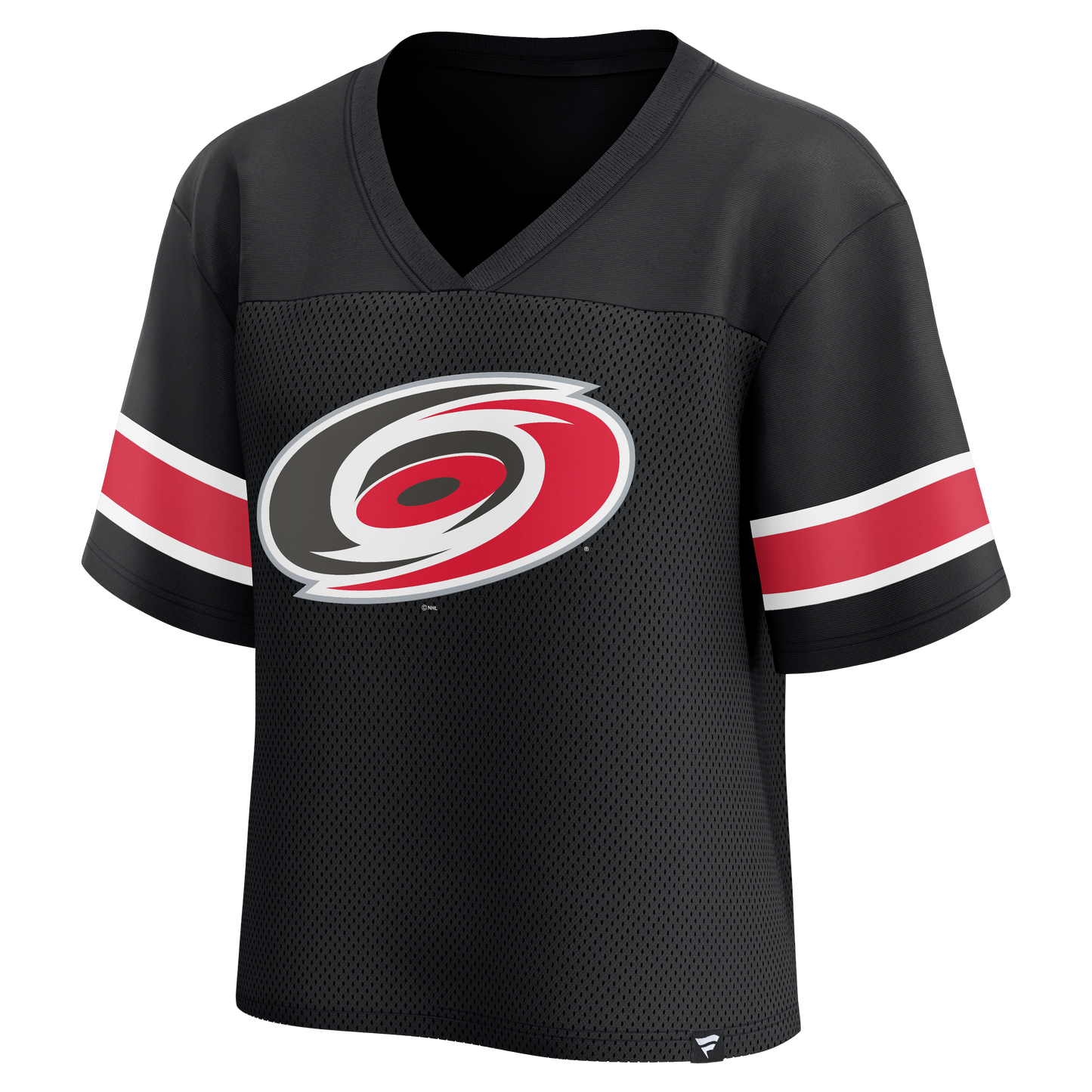 Front: Black v-neck mesh top with red and white strips on sleeves, primary logo on front