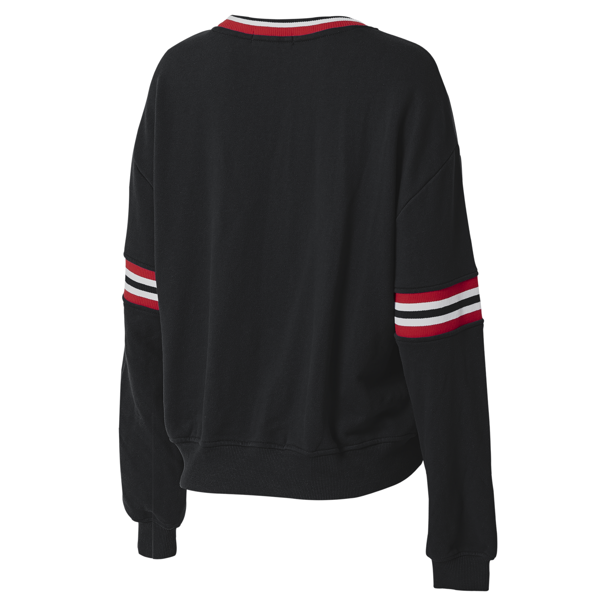 BacK: Black sweater with red and white striping on sleeves and neck