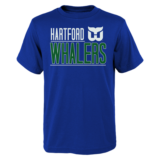 Blue tee that says Hartford in white, Whalers in green, with whiteout Whalers logo