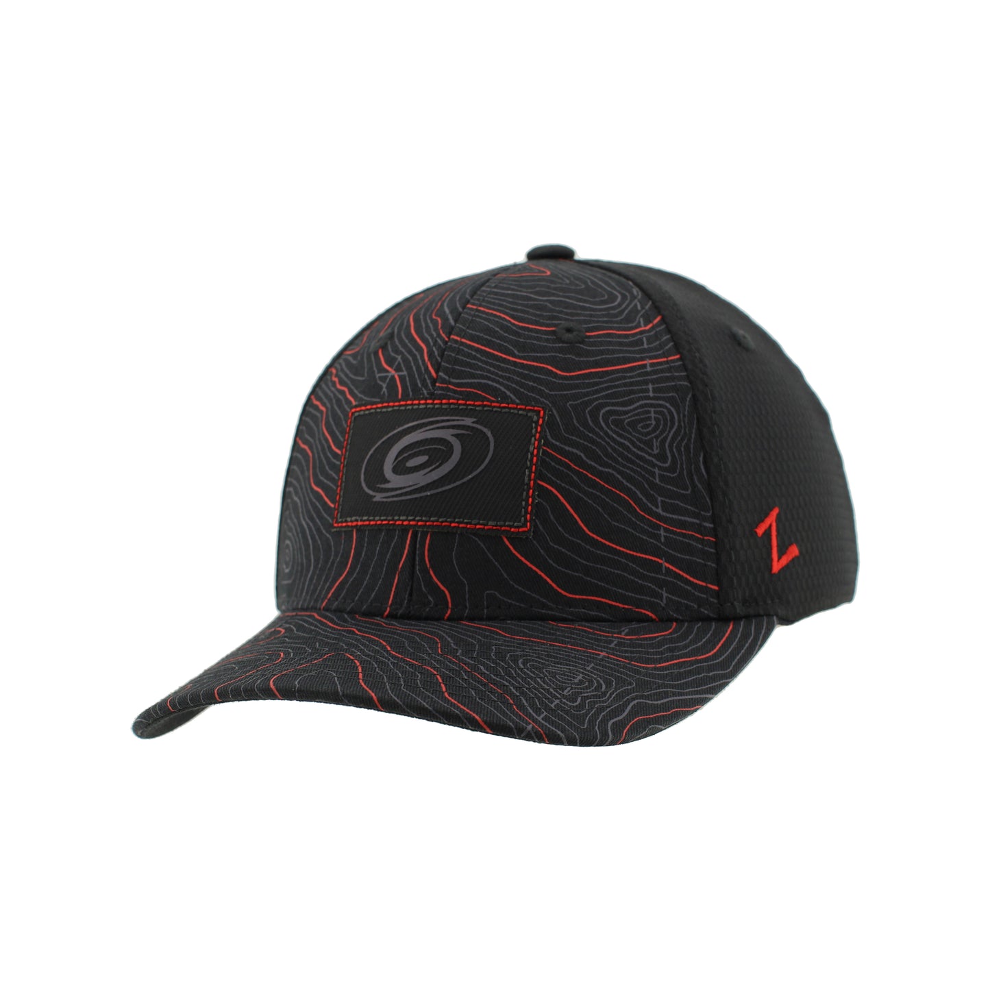 Front: Black hat, topography-esque design on front and brim, patch with blacked-out Primary logo