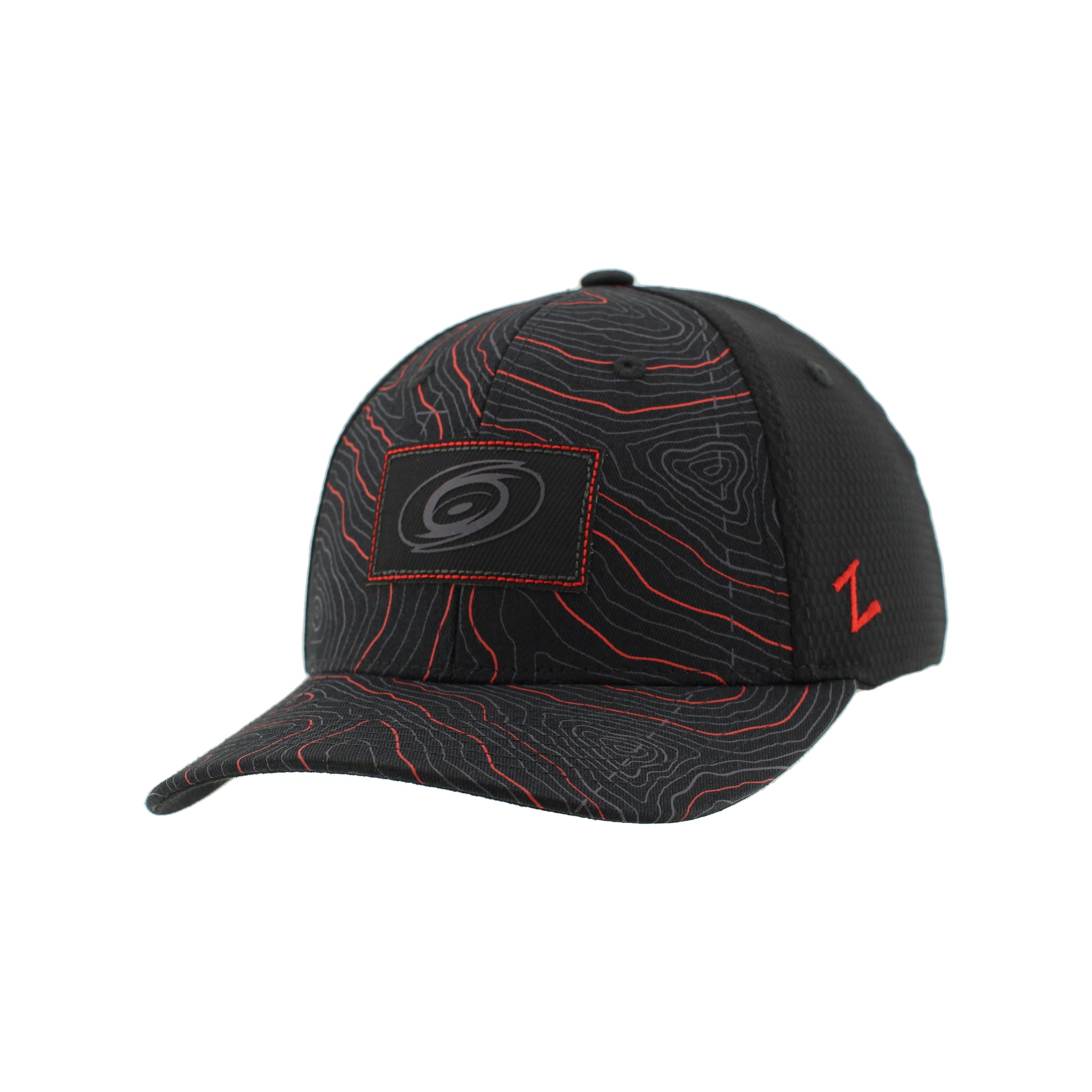 Front: Black hat, topography-esque design on front and brim, patch with blacked-out Primary logo