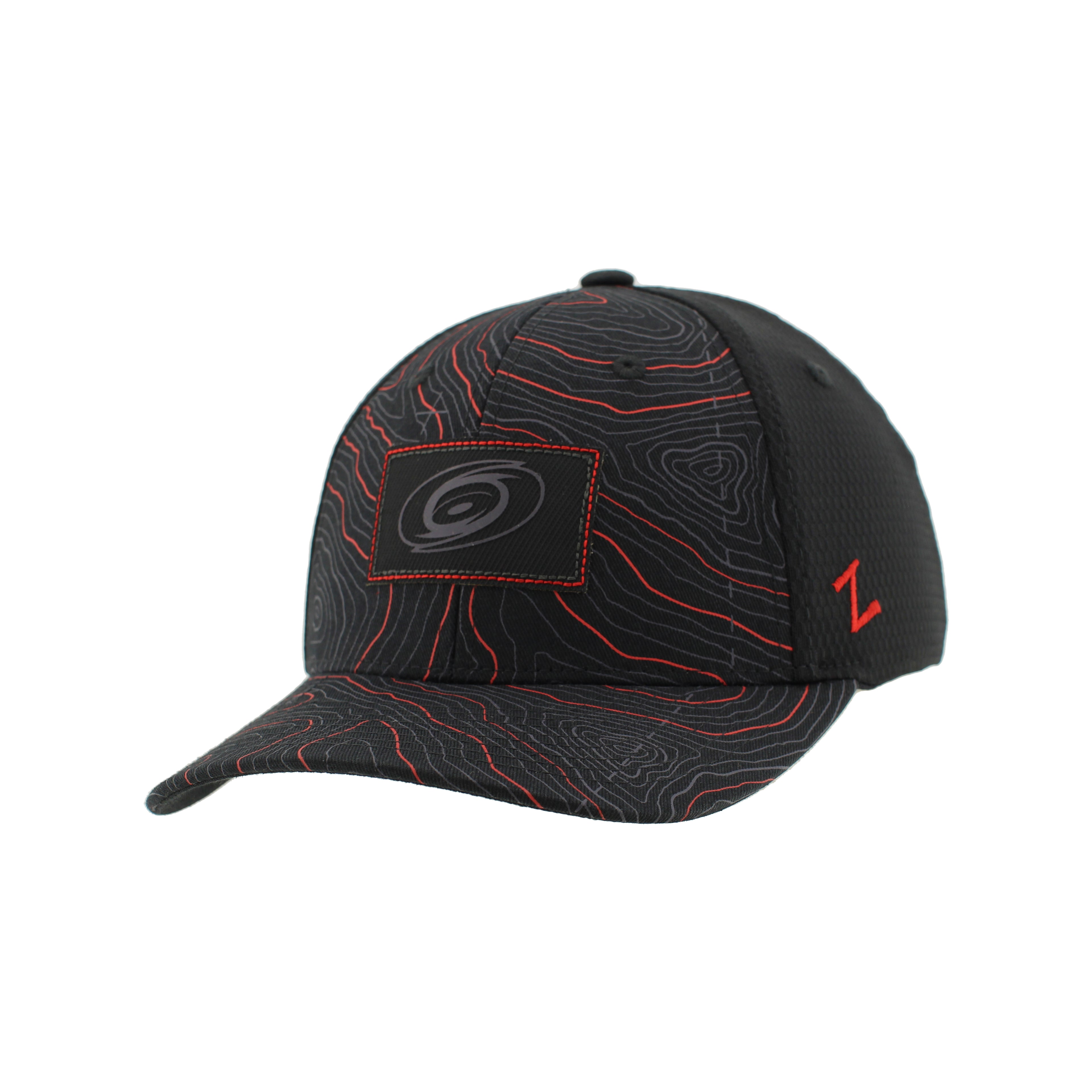 Front: Black hat, topography-esque design on front and brim, patch with blacked-out Primary logo