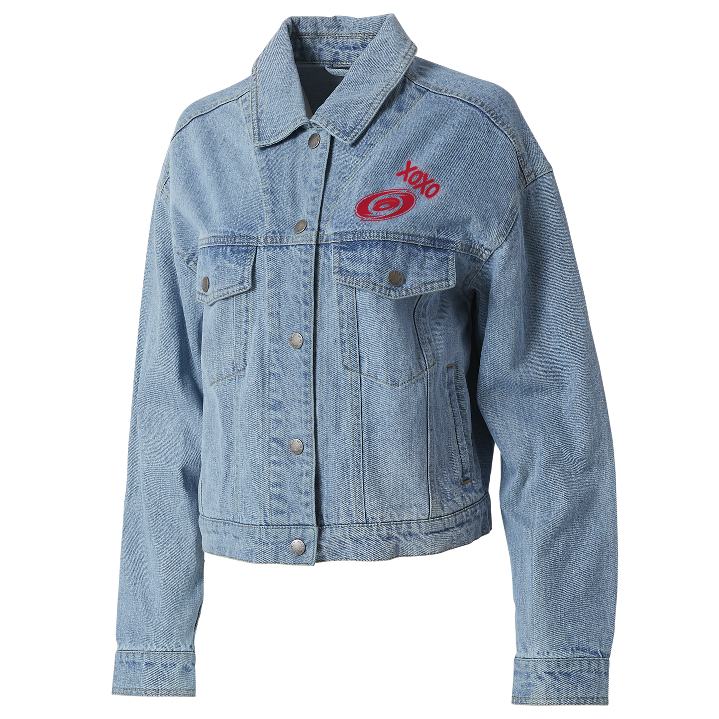 Front: Button up jean jacket with collar, primary logo and XOXO in red on left chest