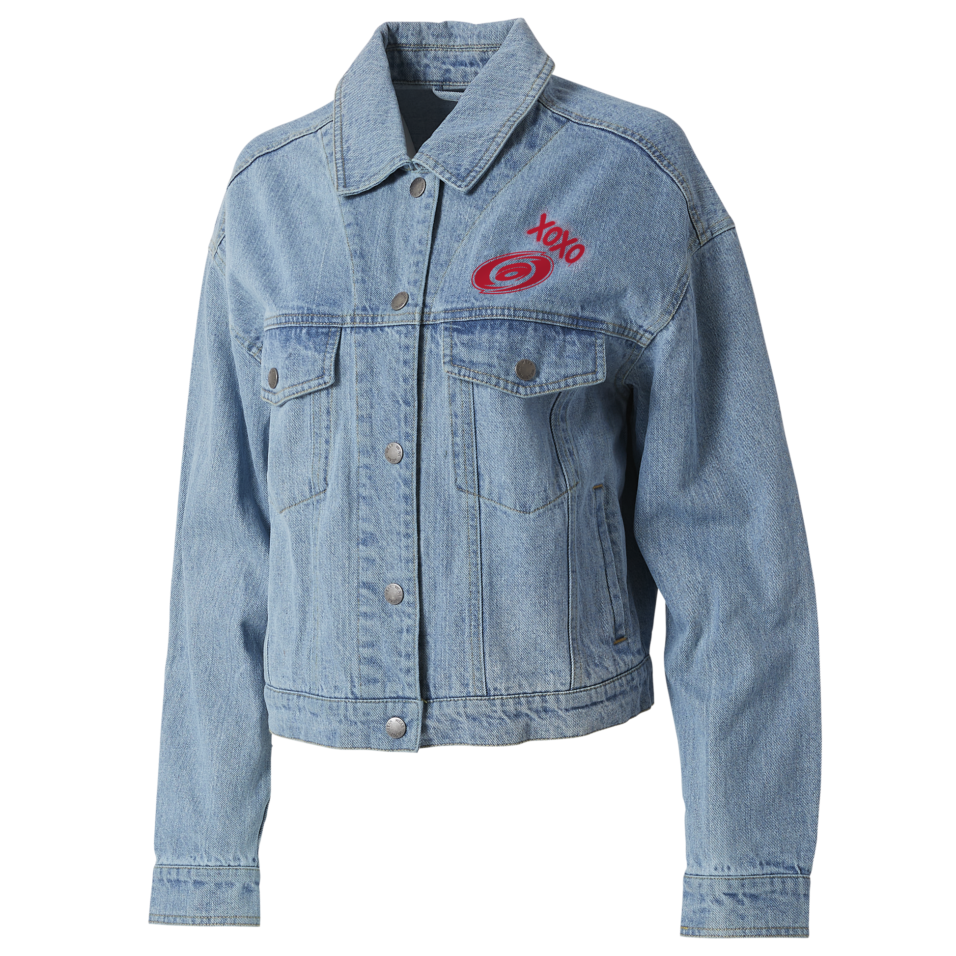 Front: Button up jean jacket with collar, primary logo and XOXO in red on left chest