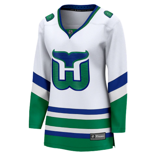 Front: V-neck White Whalers jersey with blue and green trim, Whalers logo on front