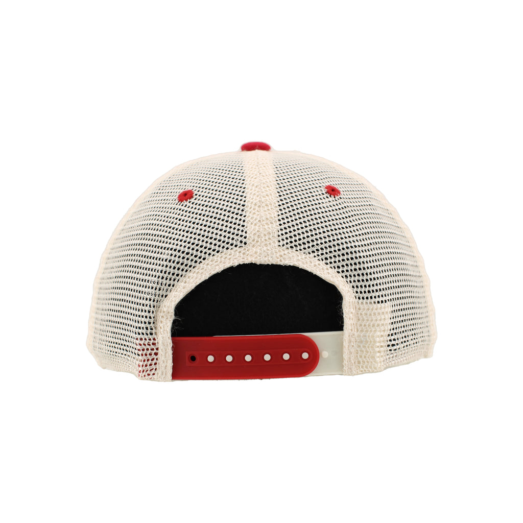 Back: White meshback, red and white snapback straps