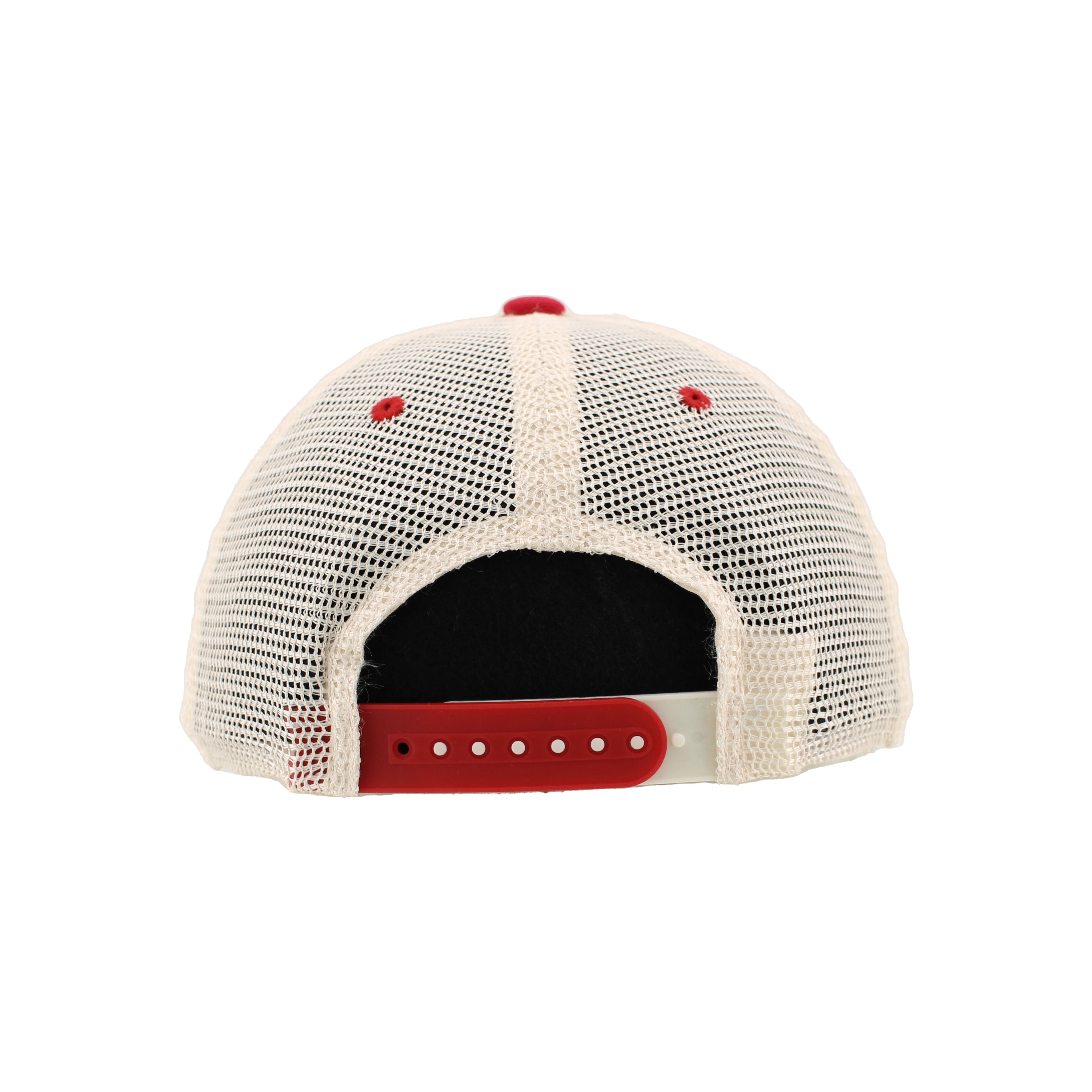Back: White meshback, red and white snapback straps