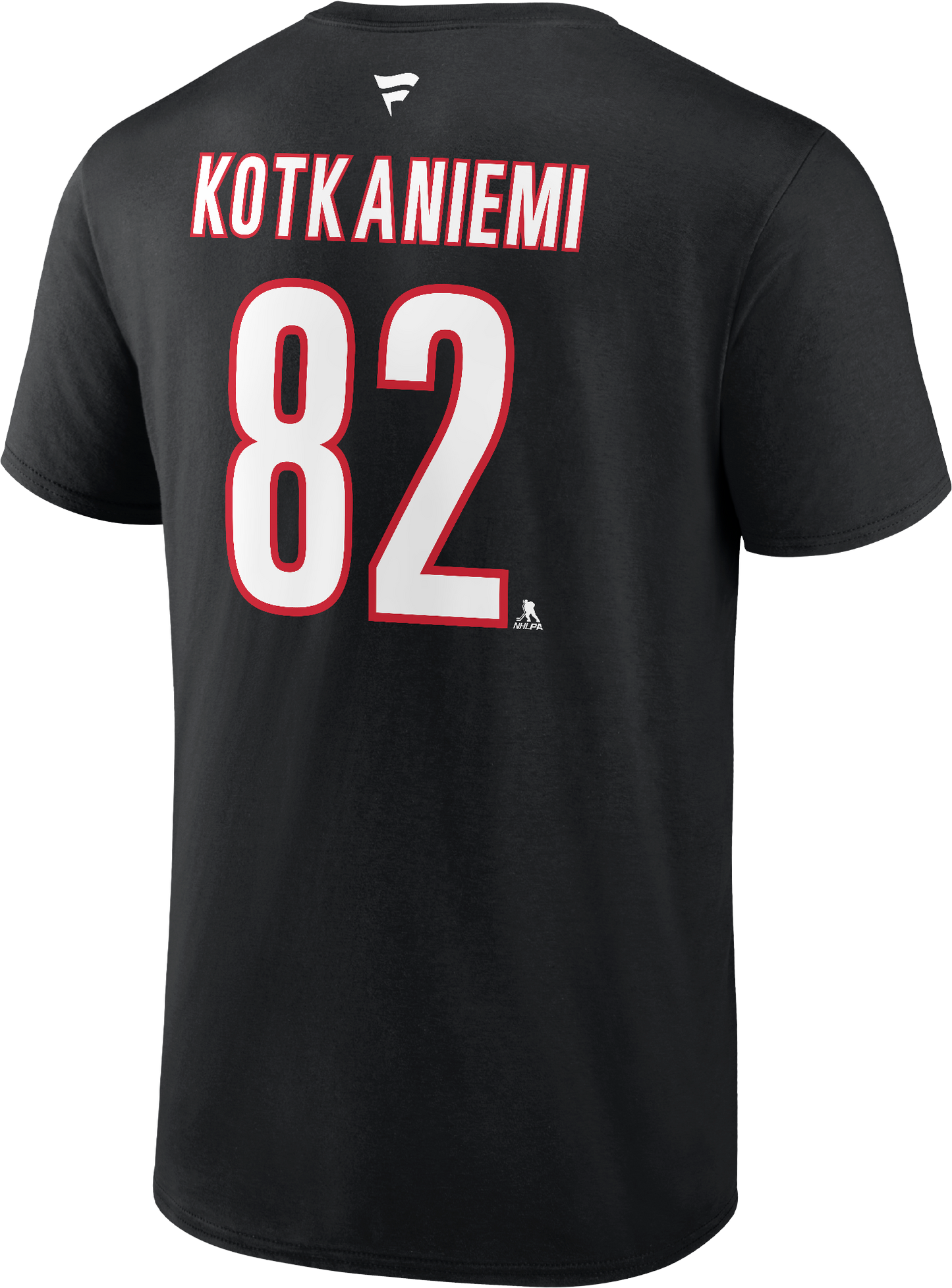 Back: Black tee with Kotkaniemi 82 in white and red, white Fanatics logo above