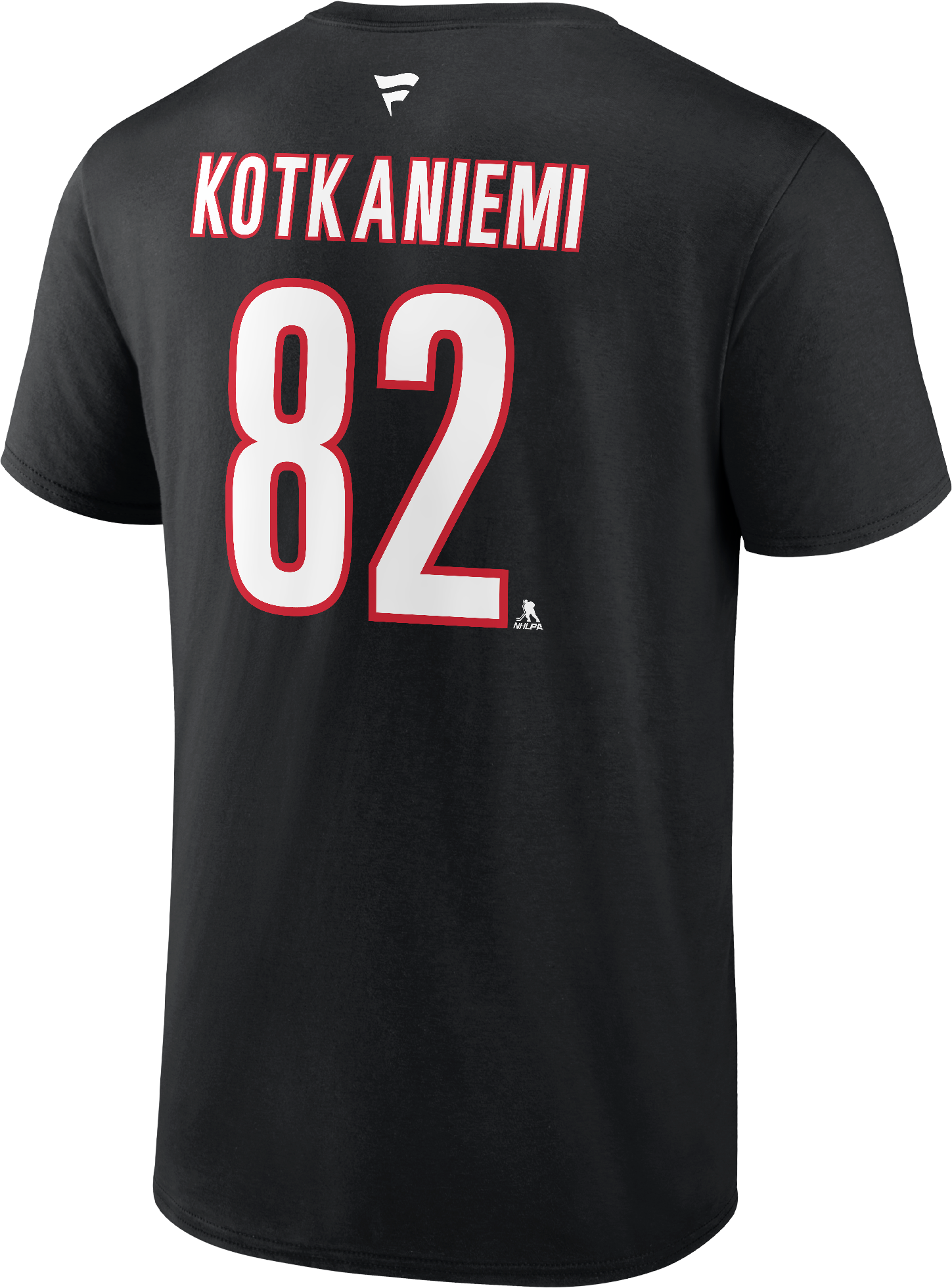 Back: Black tee with Kotkaniemi 82 in white and red, white Fanatics logo above