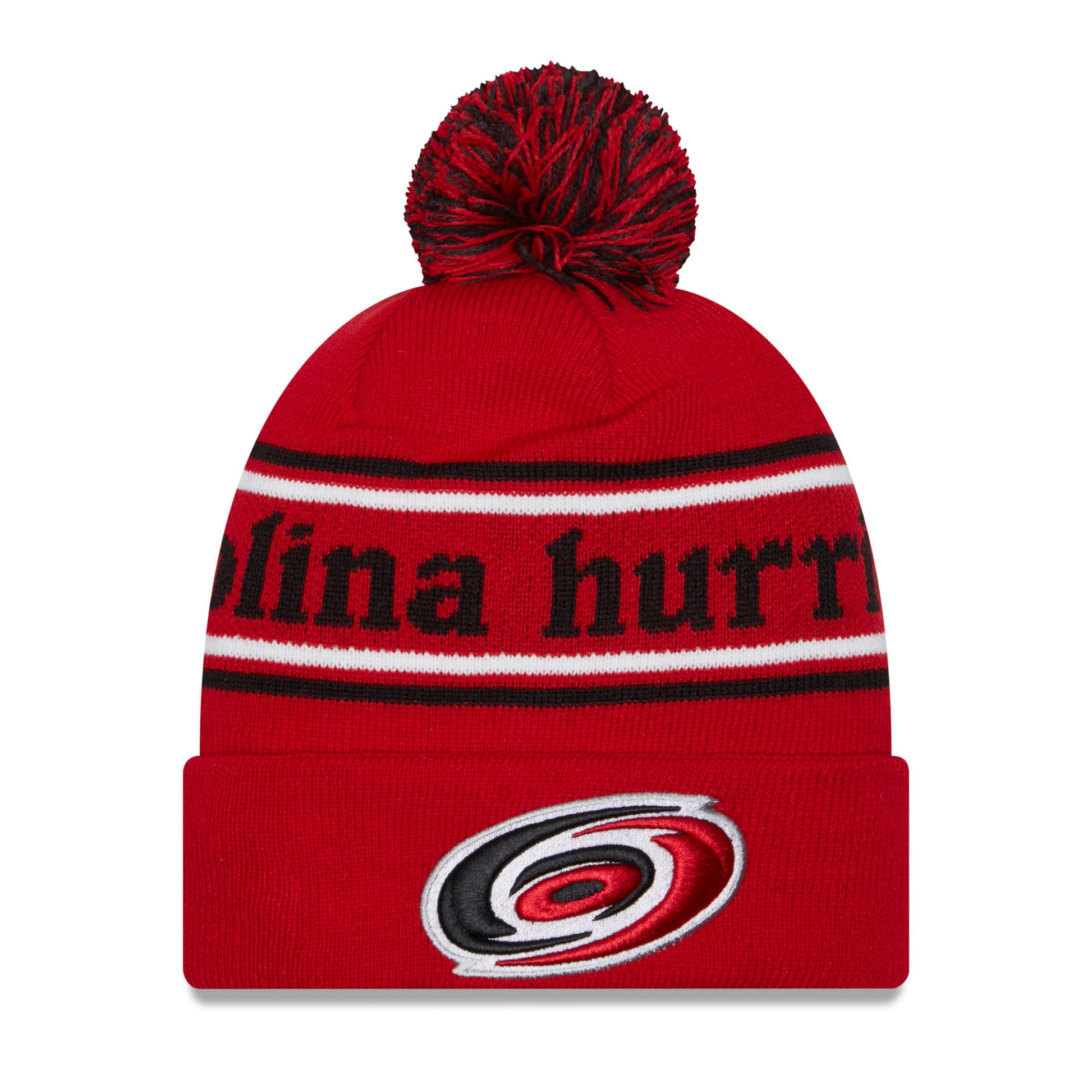 Front: Red cuffed beanie with red and black pom, primary logo on cuff