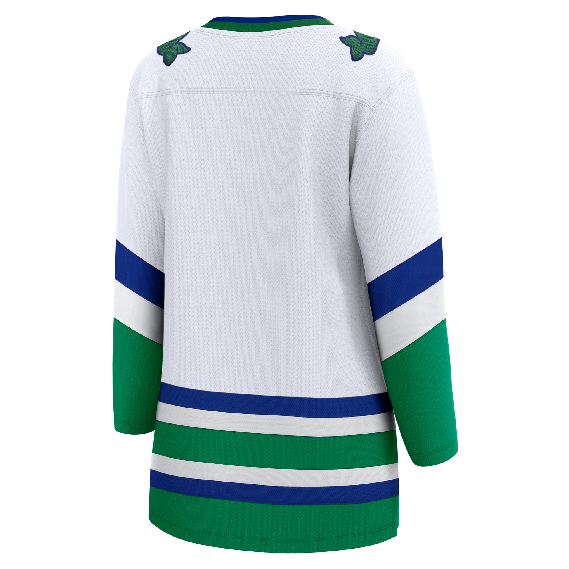 Back: White jersey with green and blue trim, Pucky shoulder patches