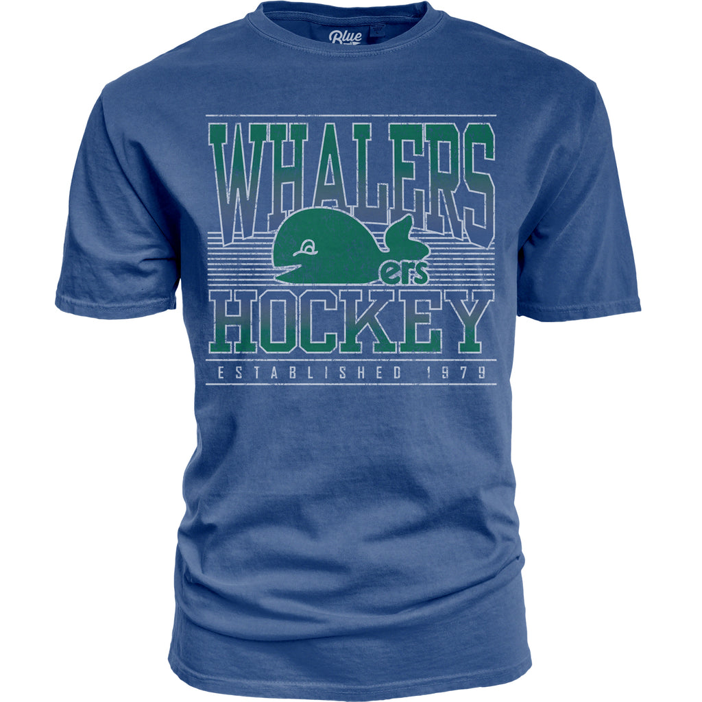 Blue tee, "WHALERS HOCKEY" in green with Pucky logo, white striping in graphic