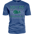 Blue tee, "WHALERS HOCKEY" in green with Pucky logo, white striping in graphic