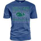 Blue tee, "WHALERS HOCKEY" in green with Pucky logo, white striping in graphic