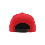 Back: Red hat with red and black adjustable snapback