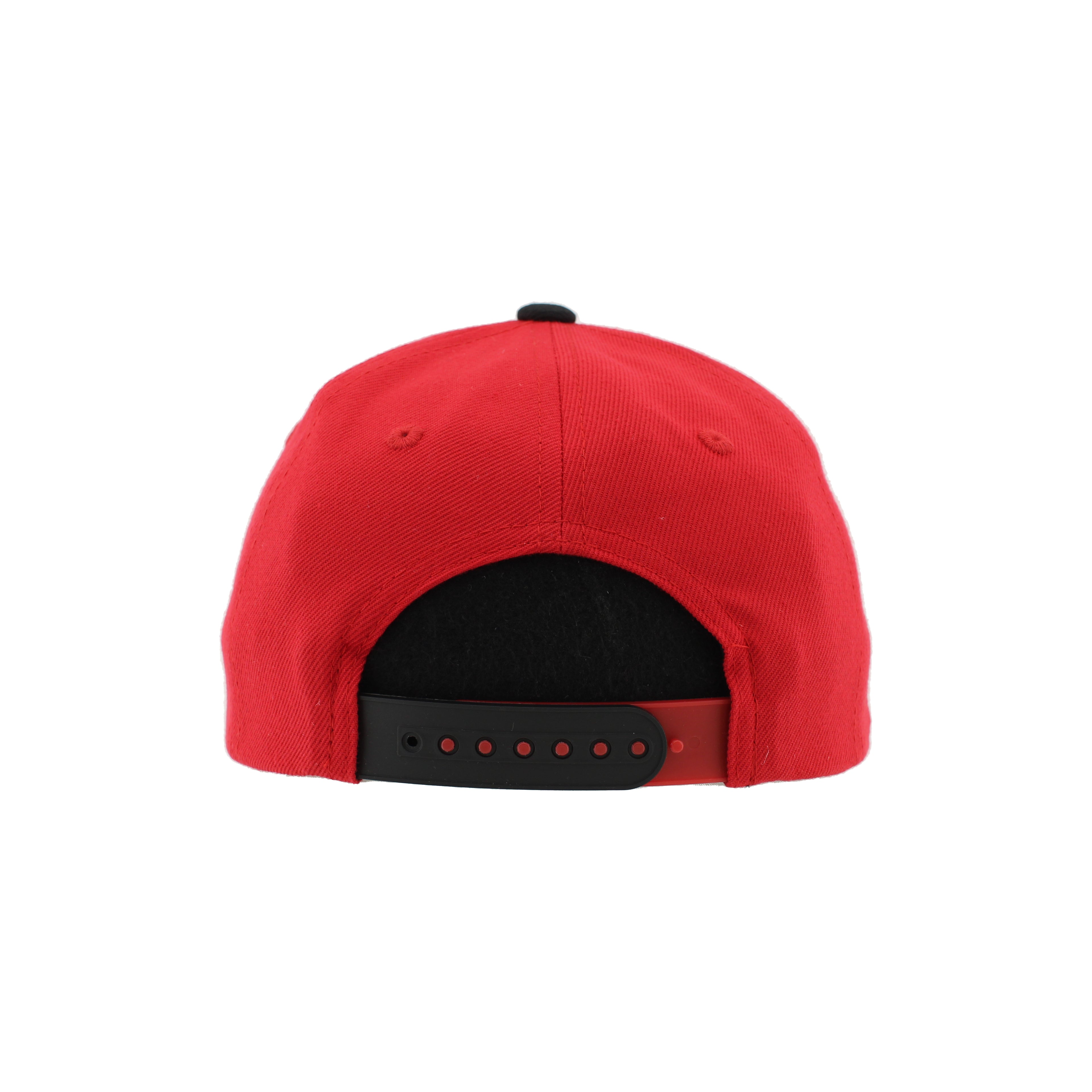 Back: Red hat with red and black adjustable snapback