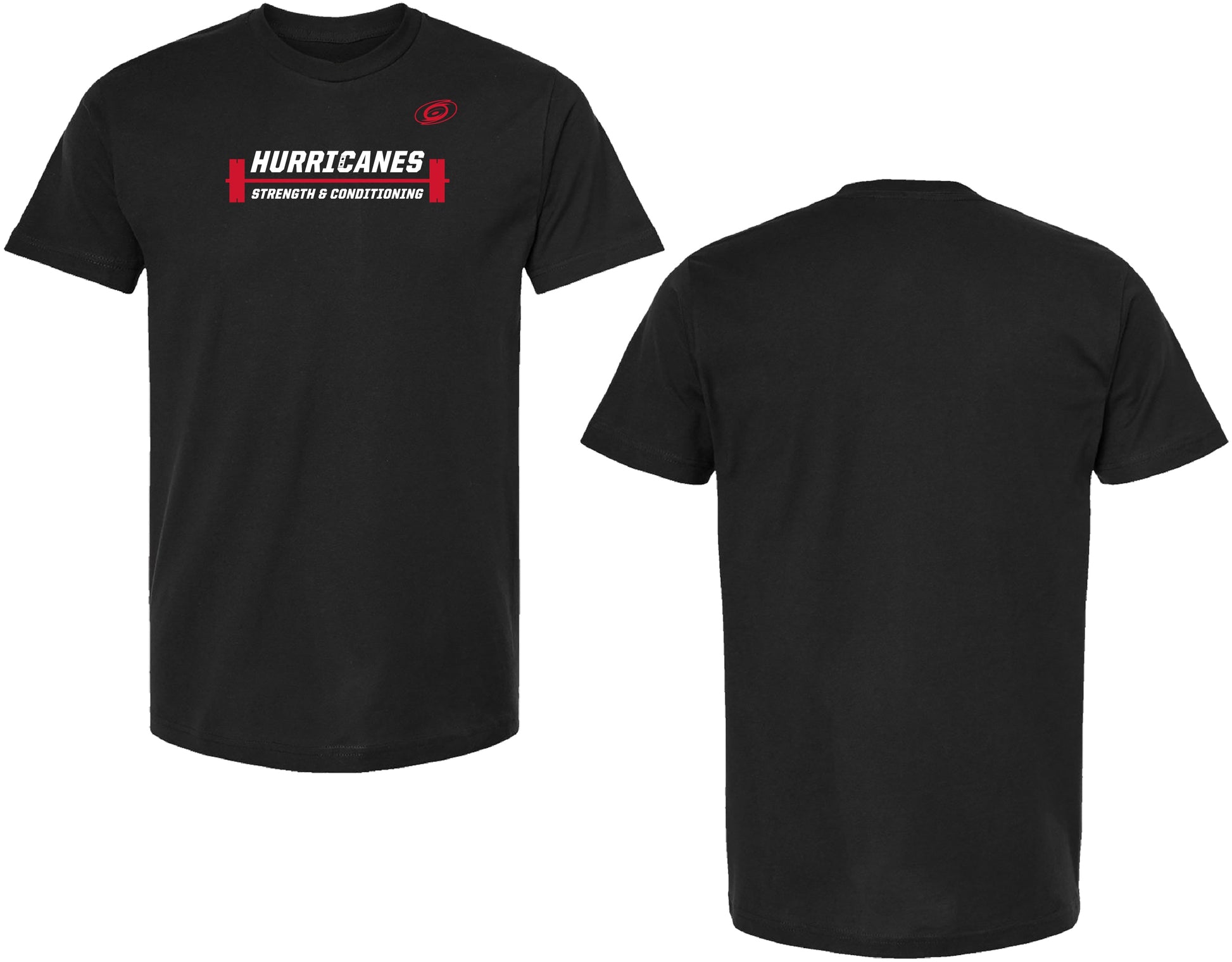 Front/Back: Front: Black tee, says Hurricanes Strength & Conditioning in white around red barbell