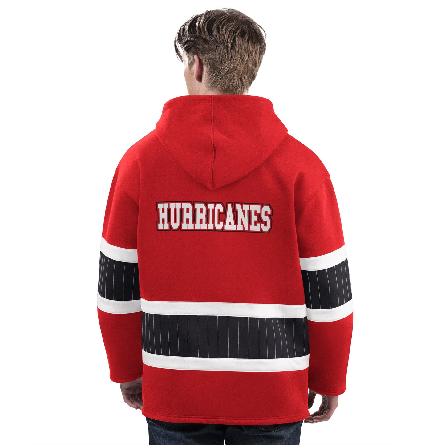 Back: Red hoodie with black and white striping, Hurricanes in white across back