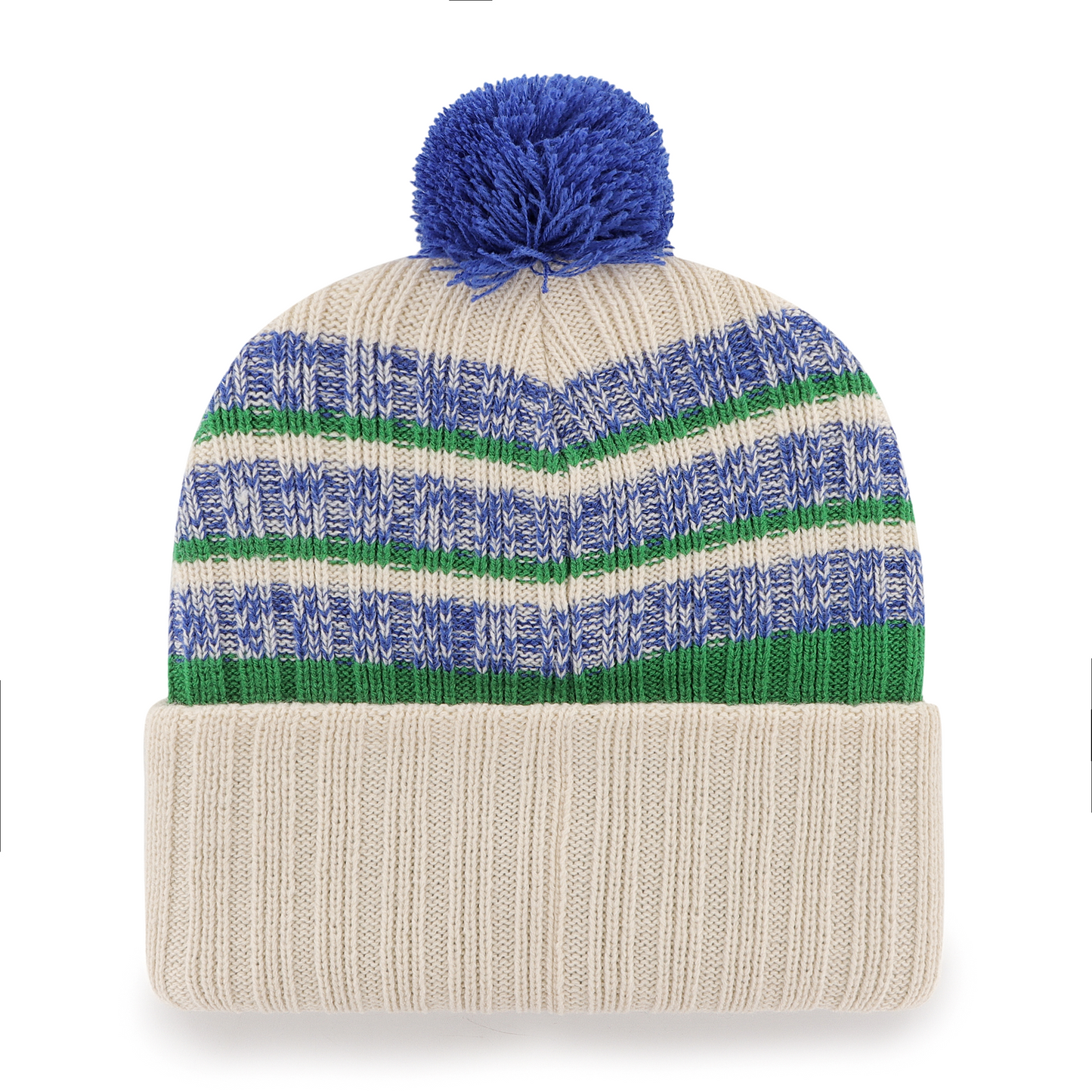 Back: White, green, and blue cuffed beanie with blue pom