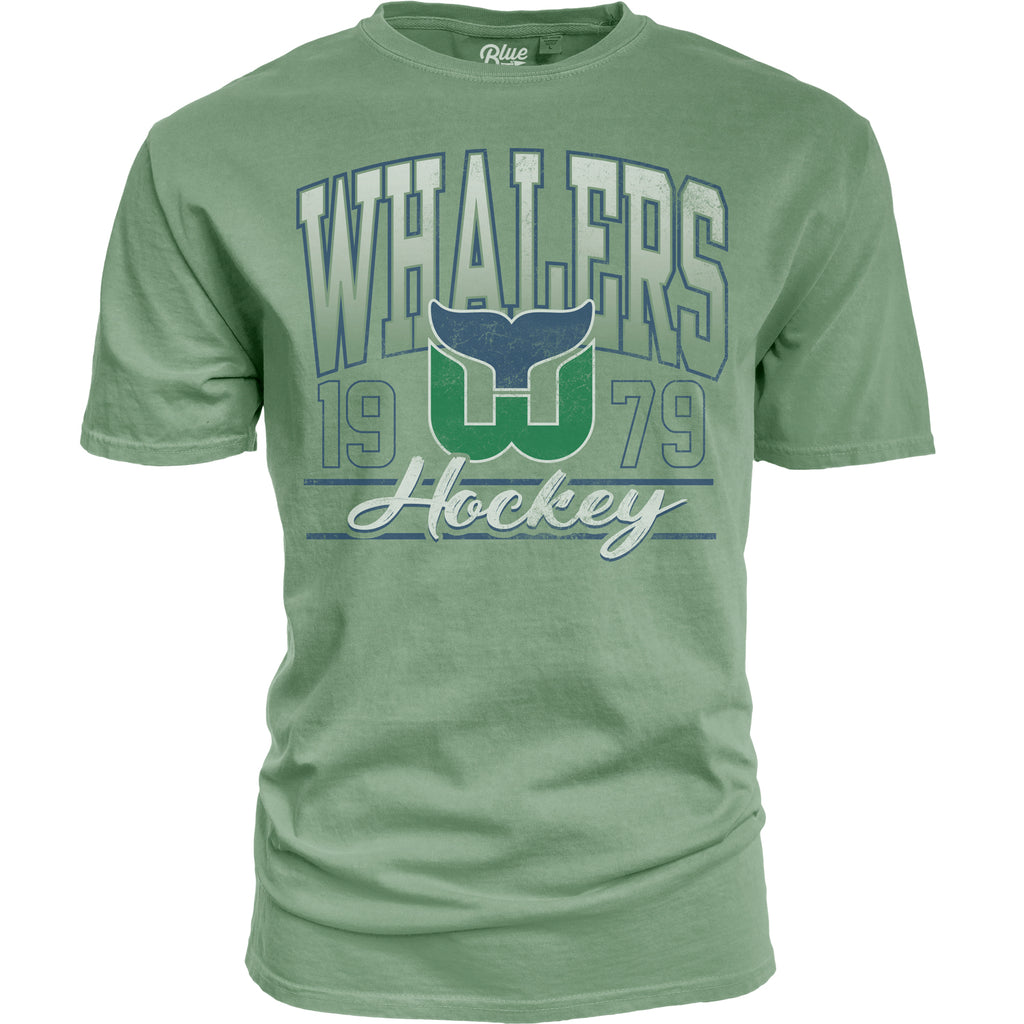 Green tee, "WHALERS" arched "Hockey" cursive in white, Tail logo, '1979' in blue outline