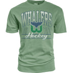 Green tee, "WHALERS" arched "Hockey" cursive in white, Tail logo, '1979' in blue outline