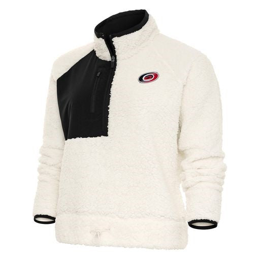 Fluffy white and black quarter zip fleece, primary logo on left chest