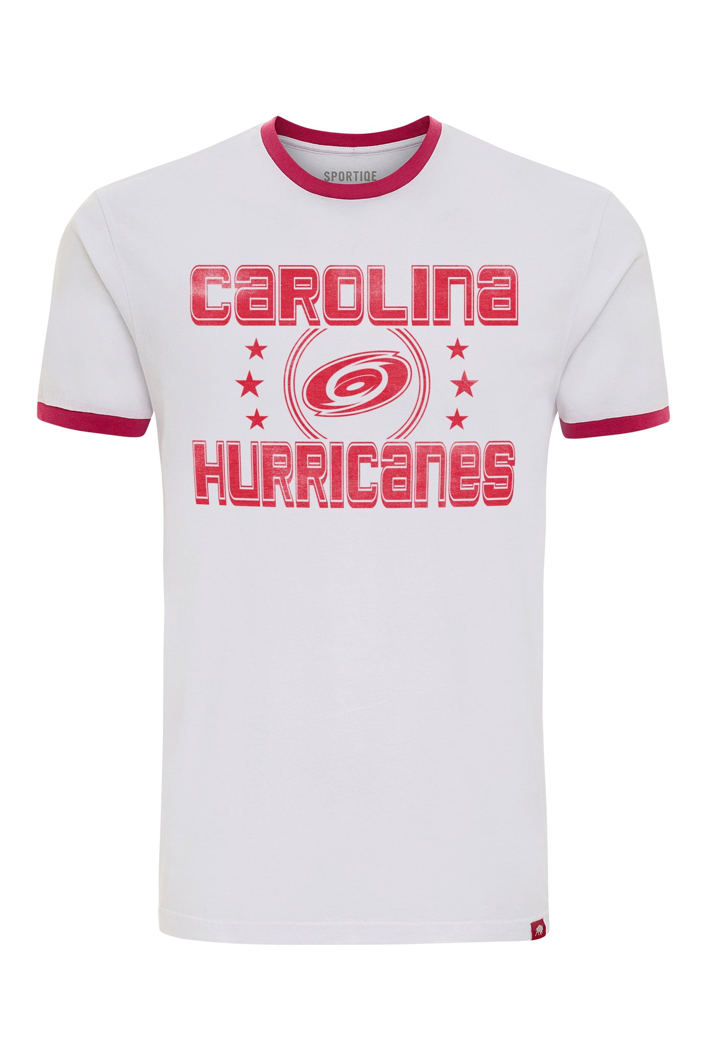 White tee with red trim, red Carolina Hurricanes graphic on front with stars