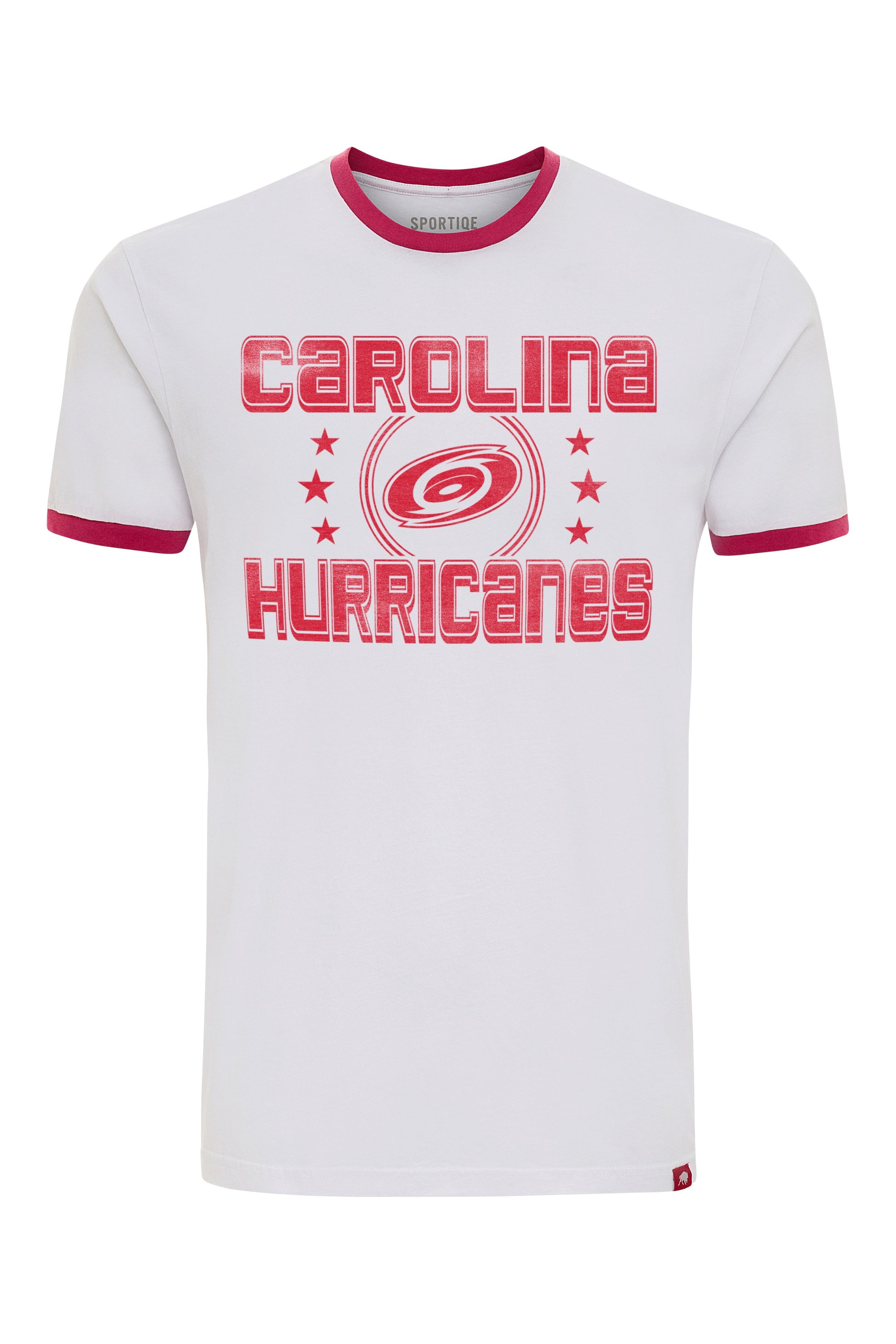 White tee with red trim, red Carolina Hurricanes graphic on front with stars