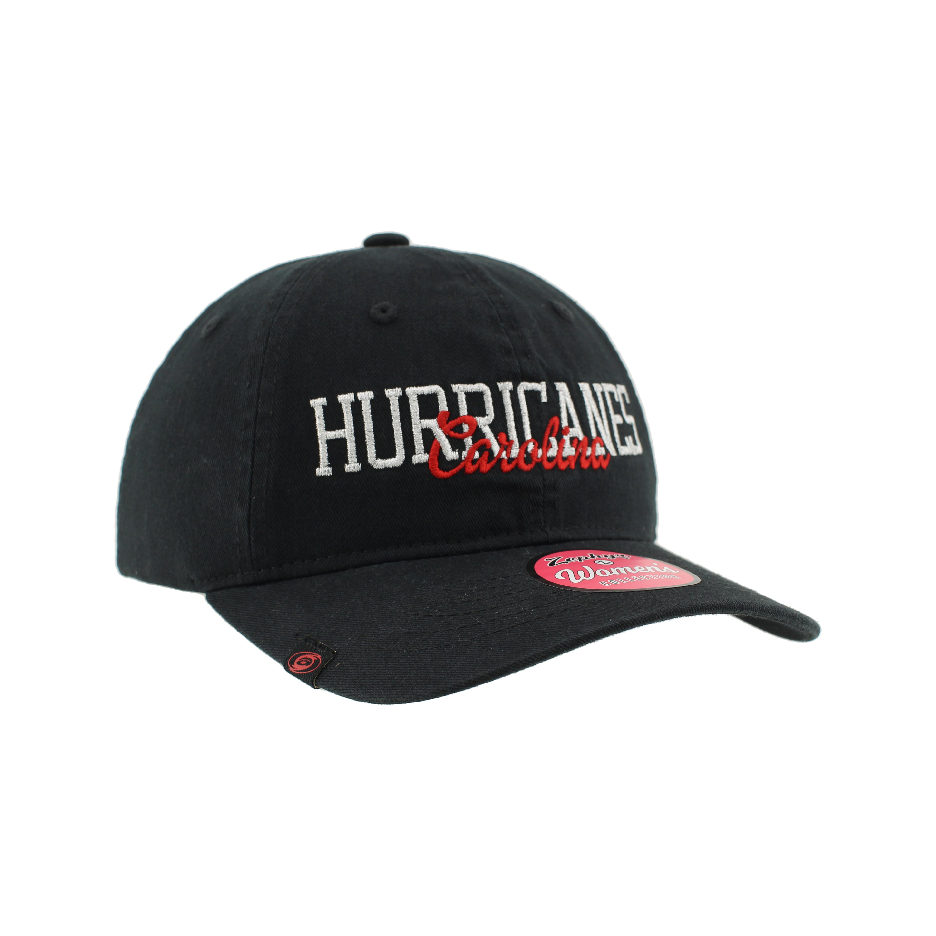Right: Black hat, says Carolina in script in red, Hurricanes in white, tonal primary logo tag on brim