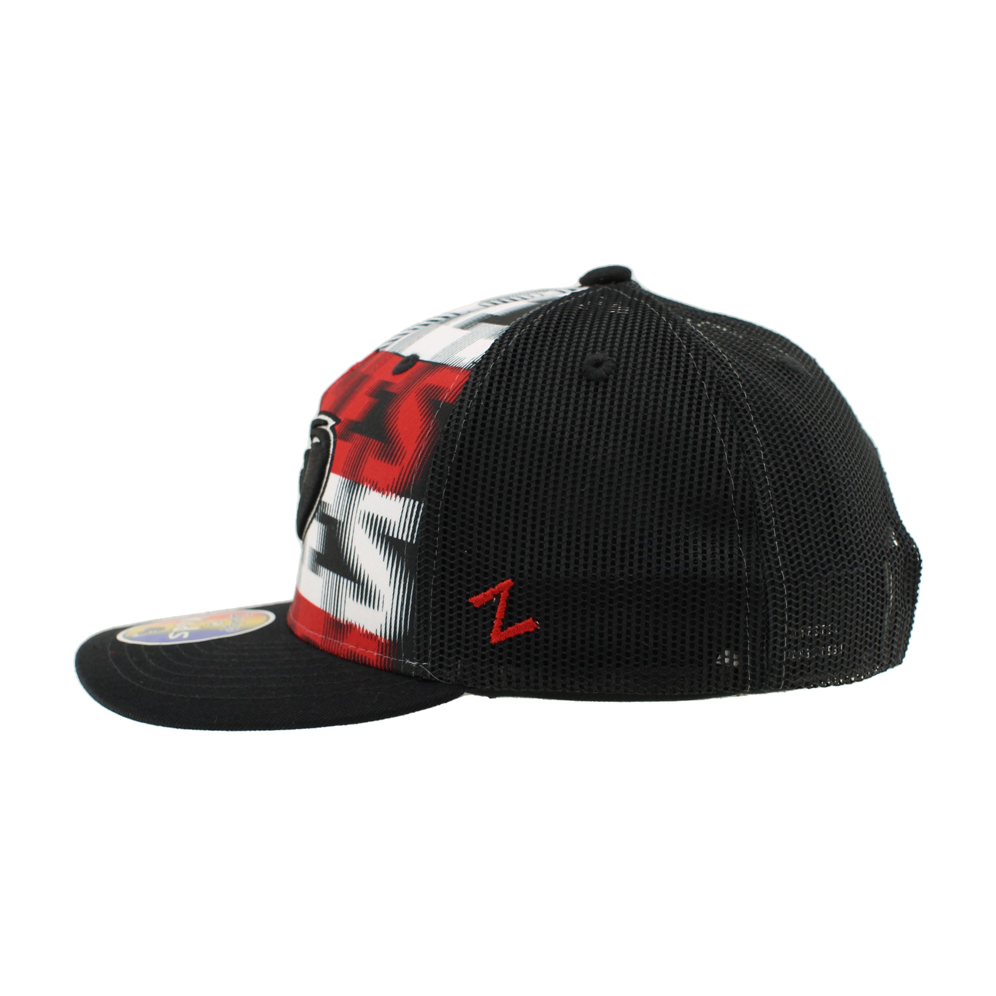 Left: Black hat with red "Z" Zephyr logo on side