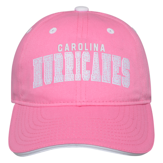 Front: Pink hat with white accents, Carolina Hurricanes arched in white on front