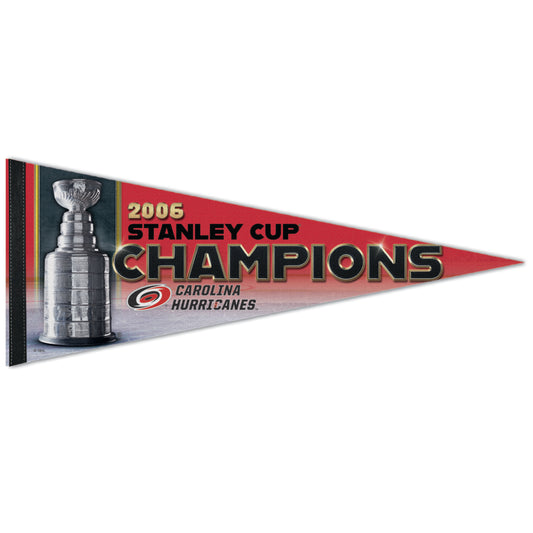 Red pennant that says 2006 Stanley Cup Champions with Stanley Cup