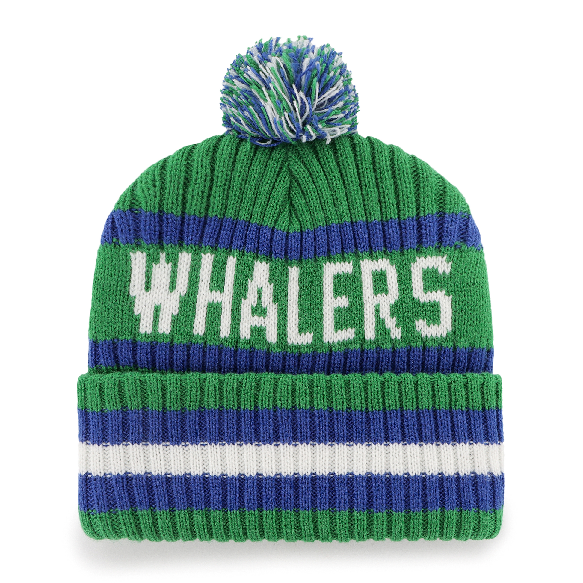 Front: Green blue and white cuffed knit with tri-colored pom, says Whalers on back