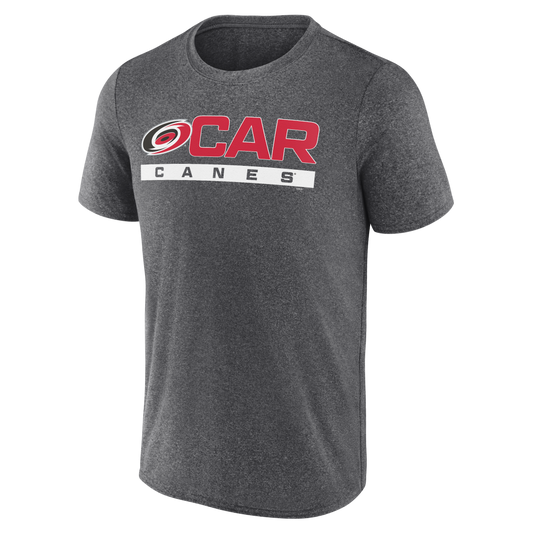 Gray tee that says CAR in red, CANES in white, with primary logo on front