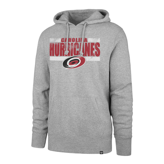 Front: Gray hoodie with red and white graphic that says Carolina Hurricanes with primary logo