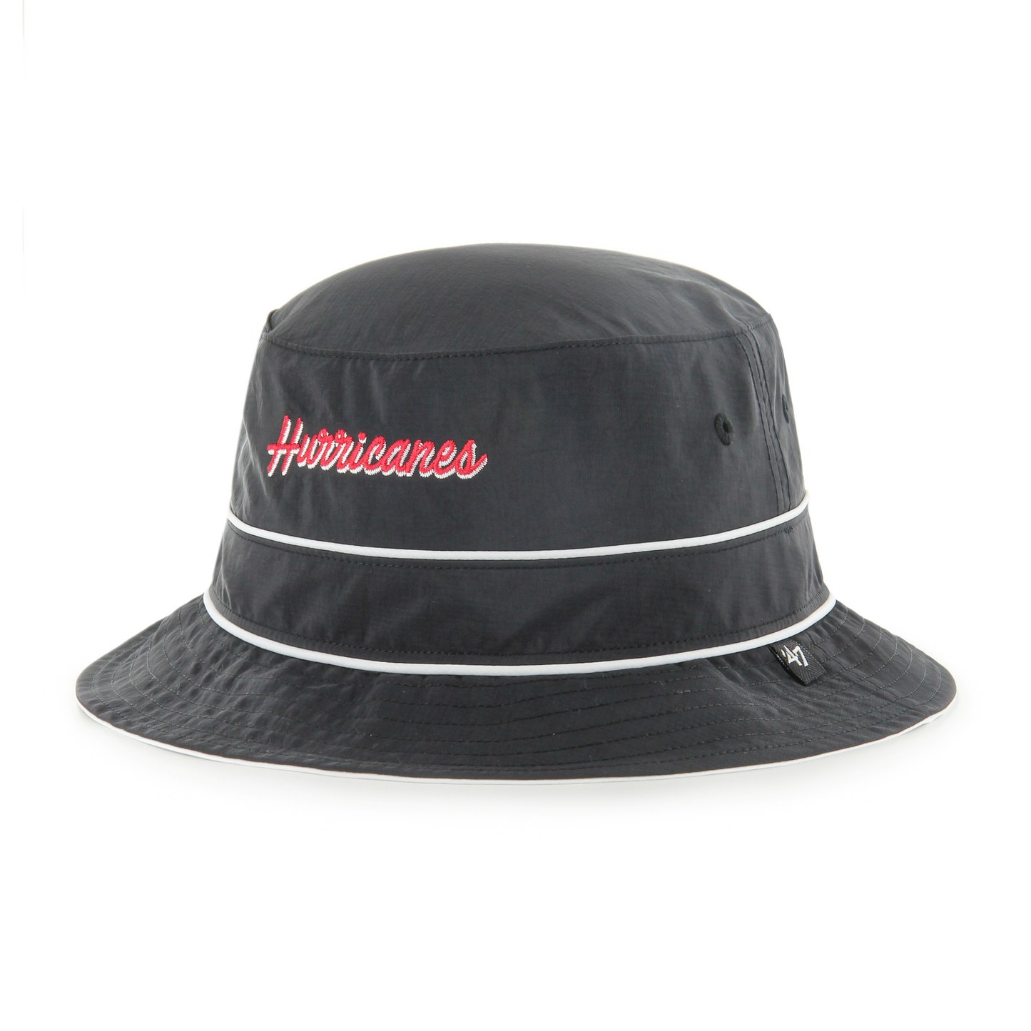 Black bucket hat with white stripes, Hurricanes in script in red and white across front