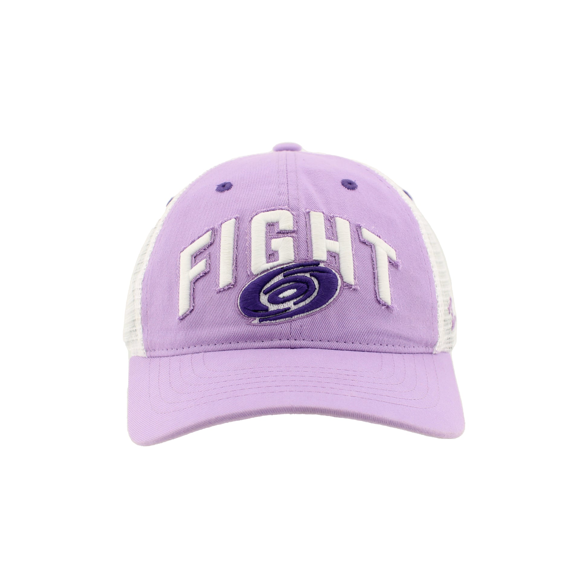 Front: Light purple hat, "FIGHT" arched across front with purple Hurricanes primary logo