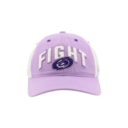 Front: Light purple hat, "FIGHT" arched across front with purple Hurricanes primary logo