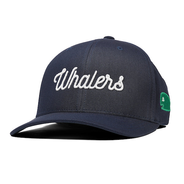 Navy hat that says Whalers in white in script, Pucky on left side