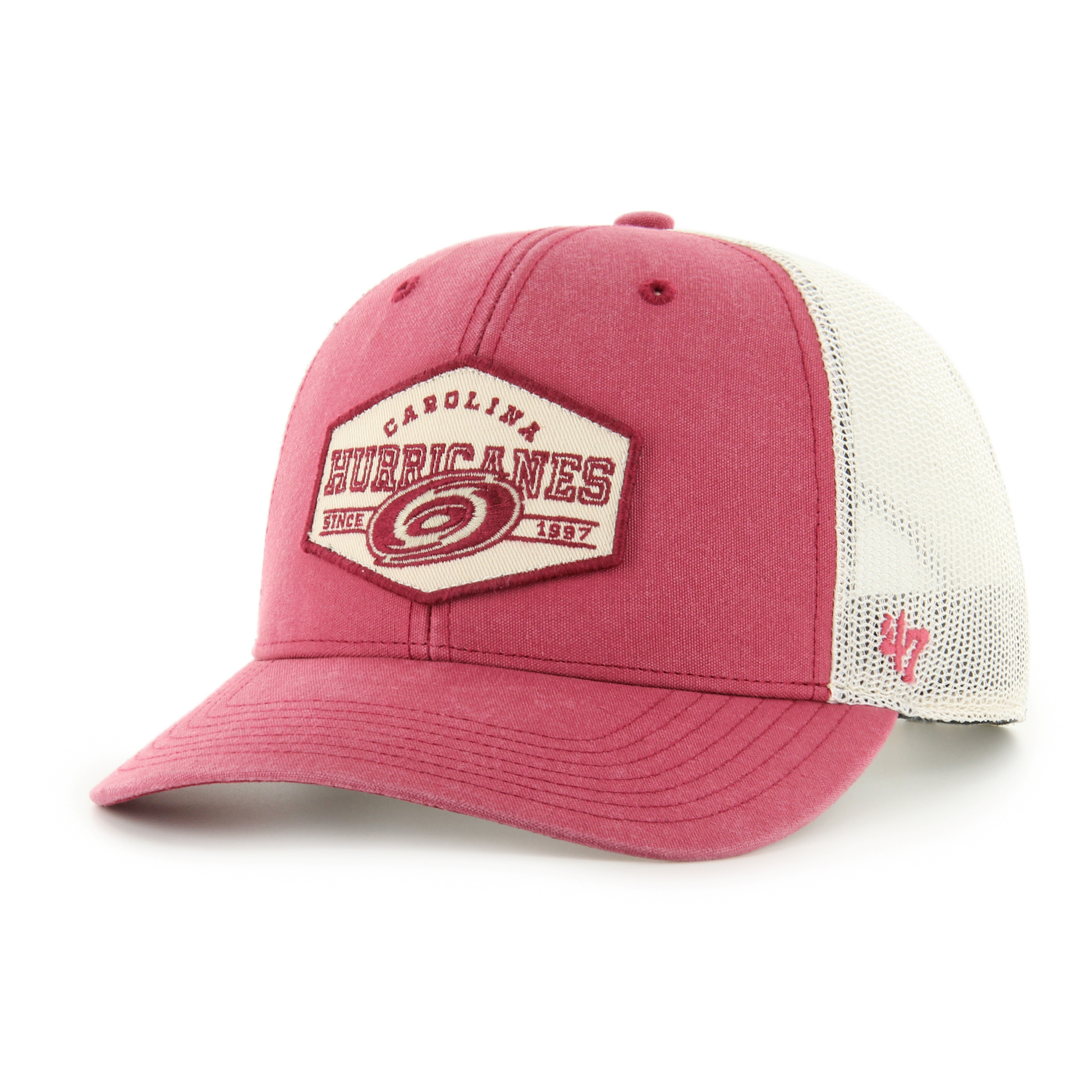 Front: Red trucker hat Carolina Hurricanes Patch with cream mesh back