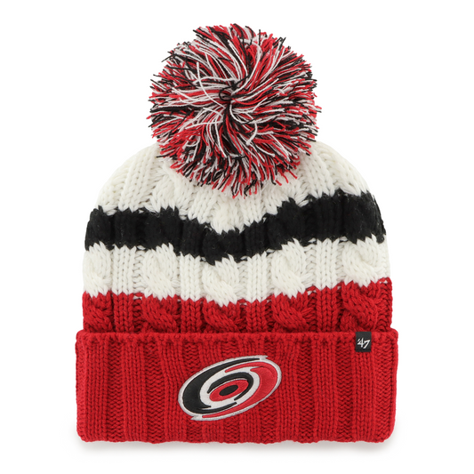 Front: red white and black beanie with tri-colored pom and primary logo on cuff