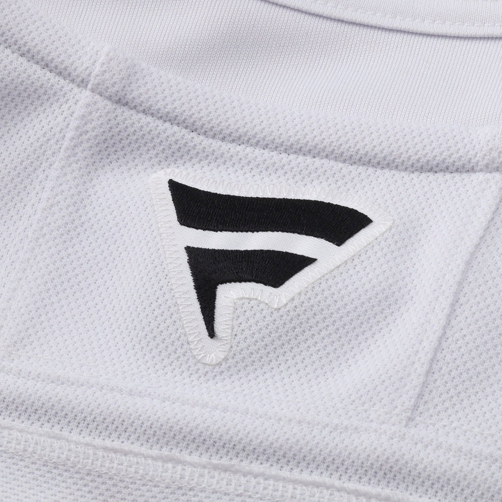 Close up of black Fanatics logo on back of neckline