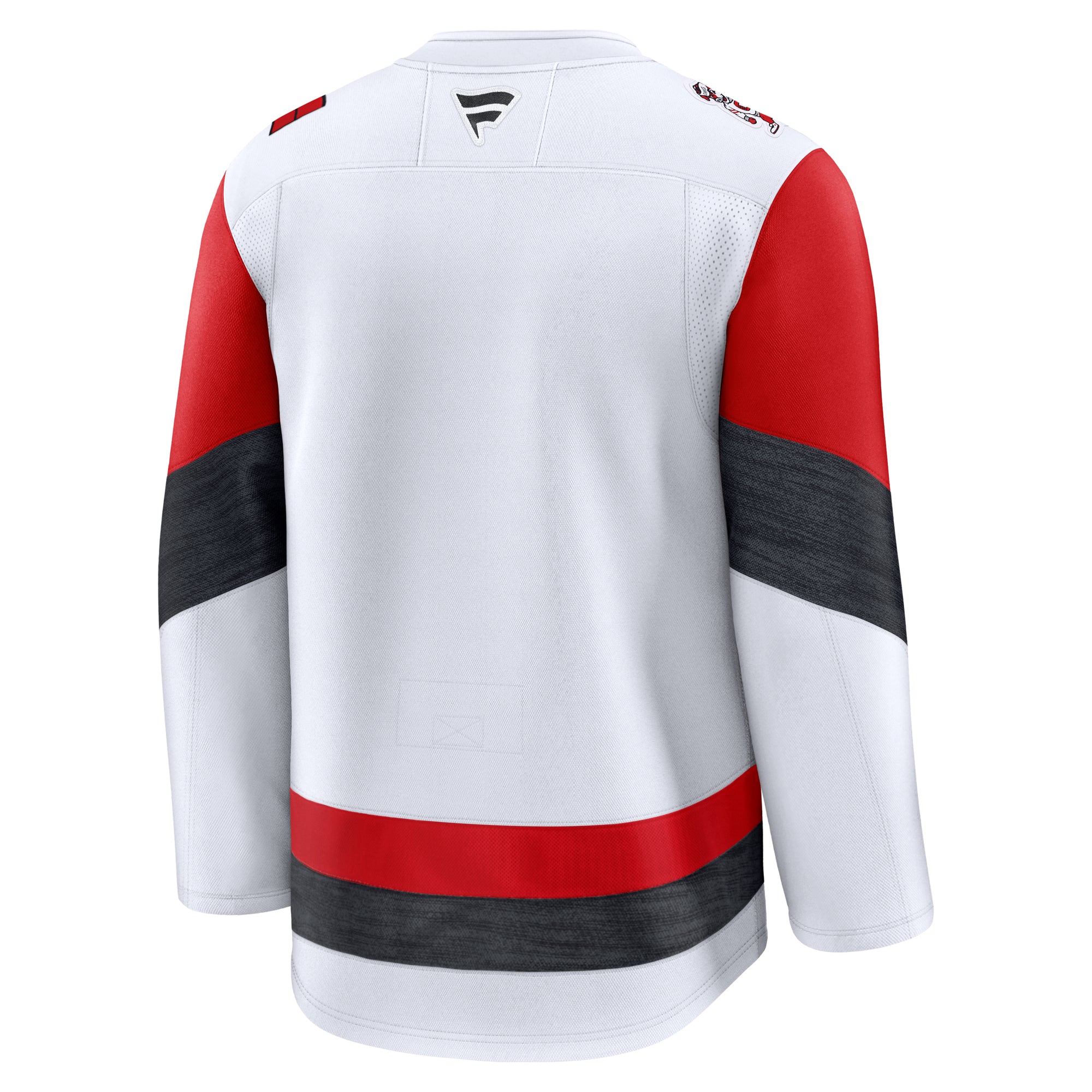 Back: White jersey, red/heather black trim, Fanatics logo at neck