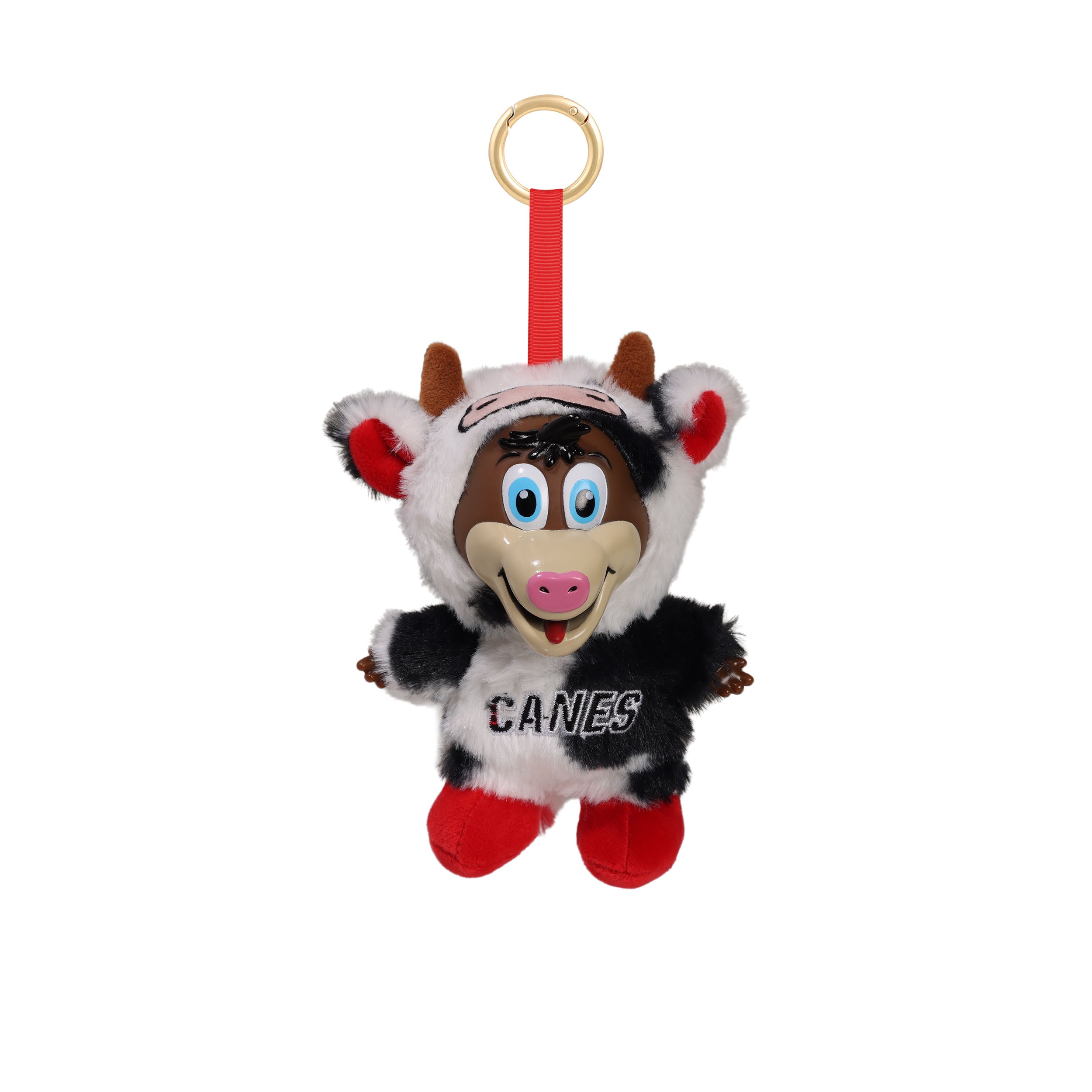 FOOCOO keychain of Stormy dressed as a cow with "CANES" wordmark across front