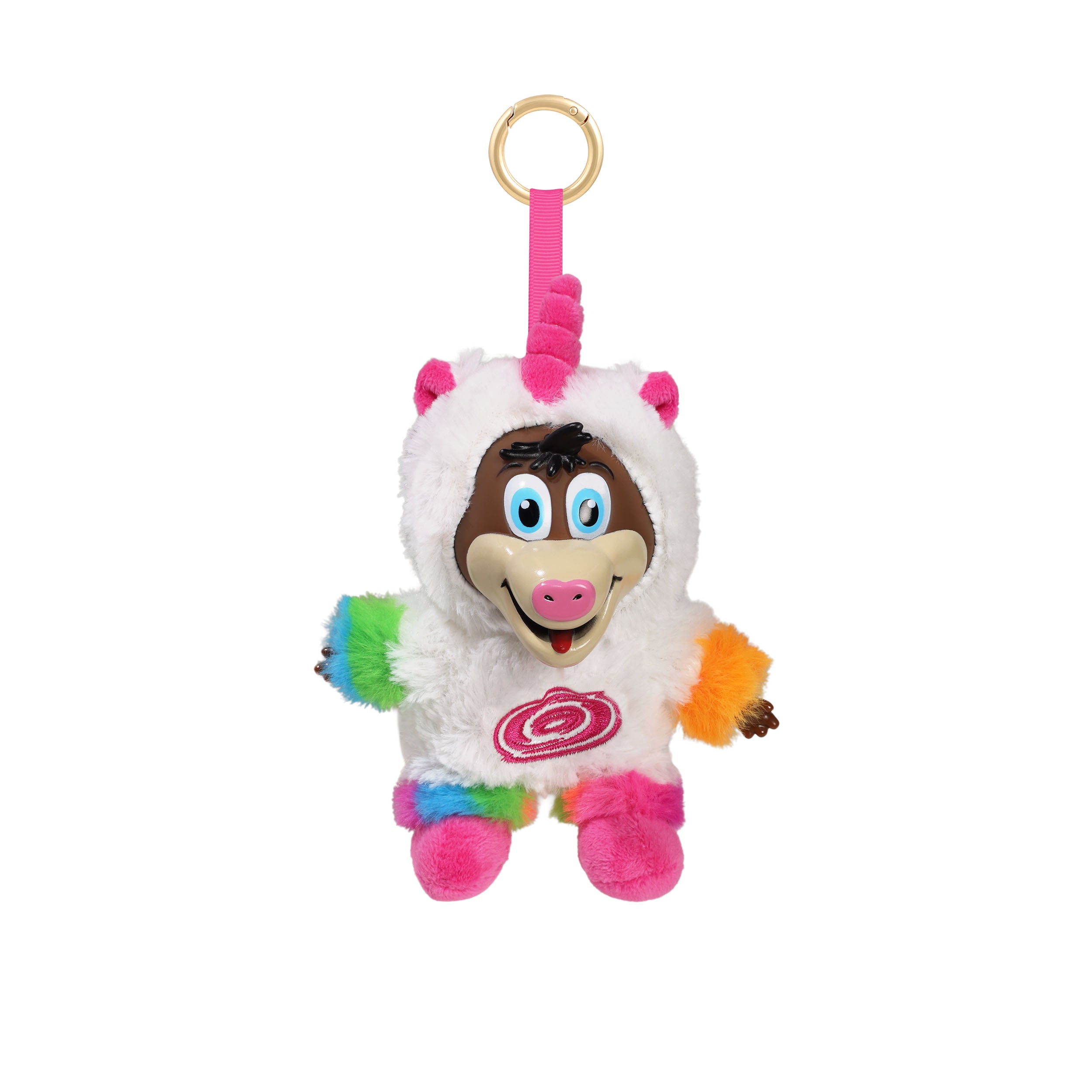 FOOCOO keychain of Stormy dressed as a unicorn, pink Primary logo on front