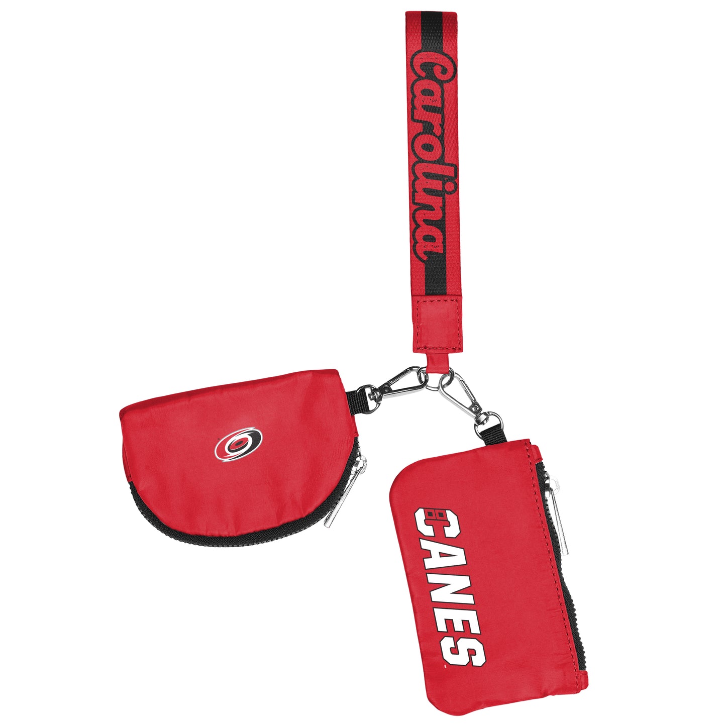 "CAROLINA" on strap, small Primary logo on one patch, "CANES" wordmark on other pouch