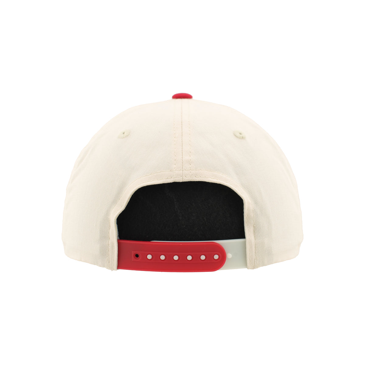 Back: Red and white snapback straps; white eyelets, red crown